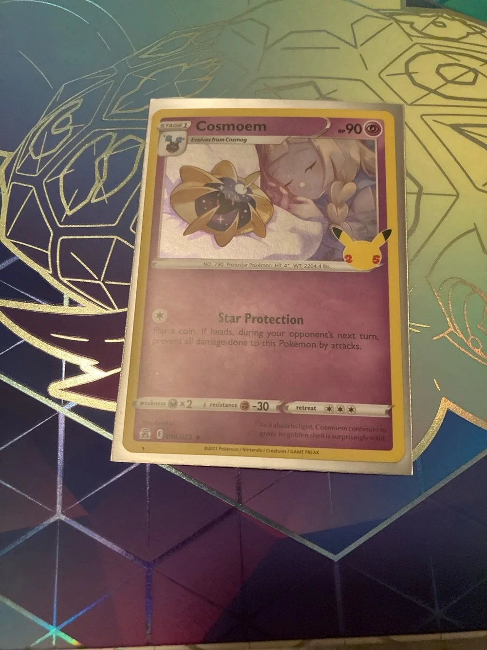 Pokemon Cosmoem Holographic Card - Pink and Gold Accents